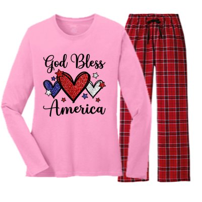 God Bless America Patriotic Usa Flag Colors For Christians Funny Gift Women's Long Sleeve Flannel Pajama Set 