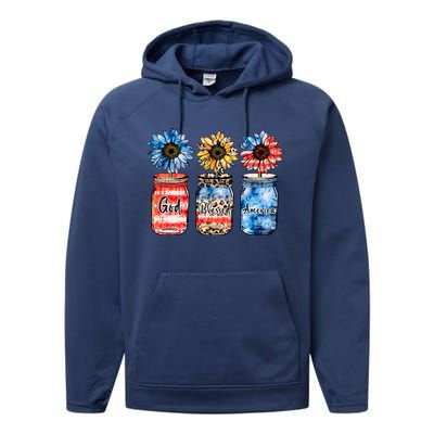 God Bless America Red White Blue Leopard Sunflower 4th July Great Gift Performance Fleece Hoodie