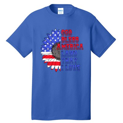 God Bless America Land That I Love American Flag Sunflower Gift Tall T-Shirt