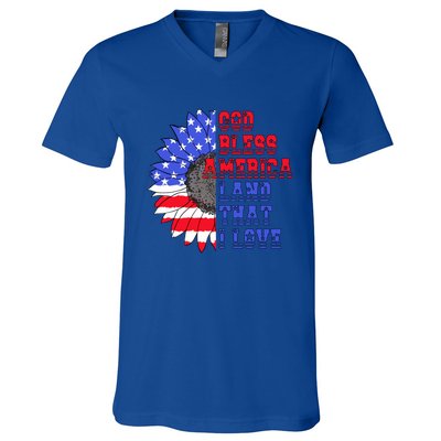 God Bless America Land That I Love American Flag Sunflower Gift V-Neck T-Shirt