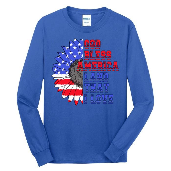 God Bless America Land That I Love American Flag Sunflower Gift Tall Long Sleeve T-Shirt