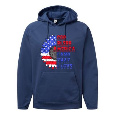 God Bless America Land That I Love American Flag Sunflower Gift Performance Fleece Hoodie