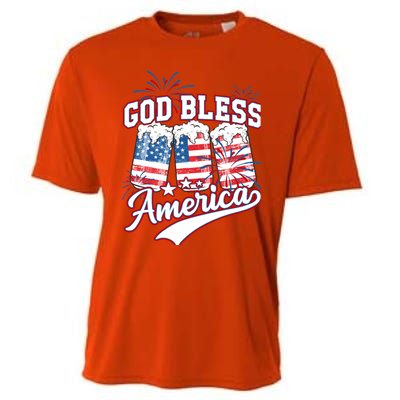 God Bless America 4th Of July Beer Us Flag Fireworks Gift Cooling Performance Crew T-Shirt