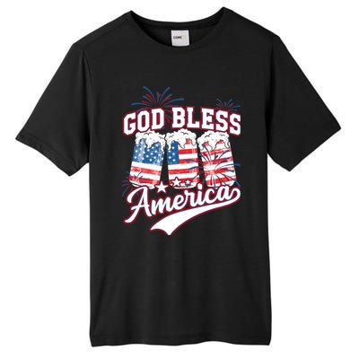 God Bless America 4th Of July Beer Us Flag Fireworks Gift Tall Fusion ChromaSoft Performance T-Shirt