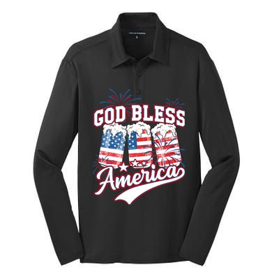 God Bless America 4th Of July Beer Us Flag Fireworks Gift Silk Touch Performance Long Sleeve Polo