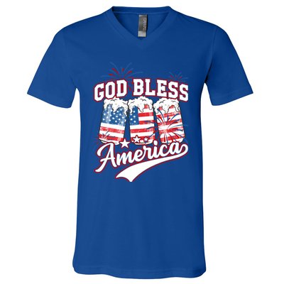 God Bless America 4th Of July Beer Us Flag Fireworks Gift V-Neck T-Shirt