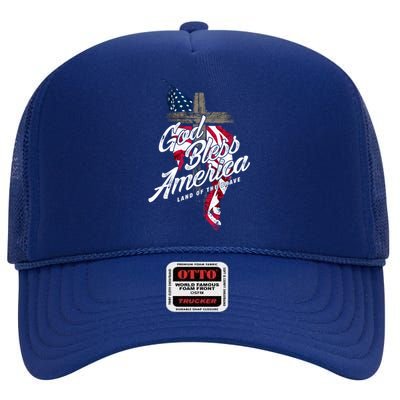 God Bless America Land Of The Brave Gift High Crown Mesh Back Trucker Hat