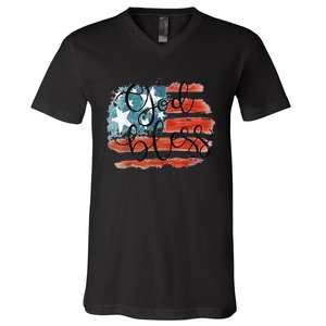 God Bless America Retro American Flag 4th Of July Patriotic V-Neck T-Shirt