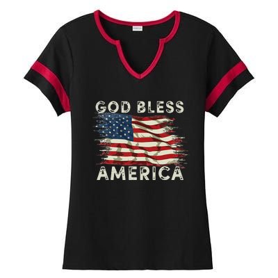 God Bless America USA Flag 4th of July Patriotic Ladies Halftime Notch Neck Tee