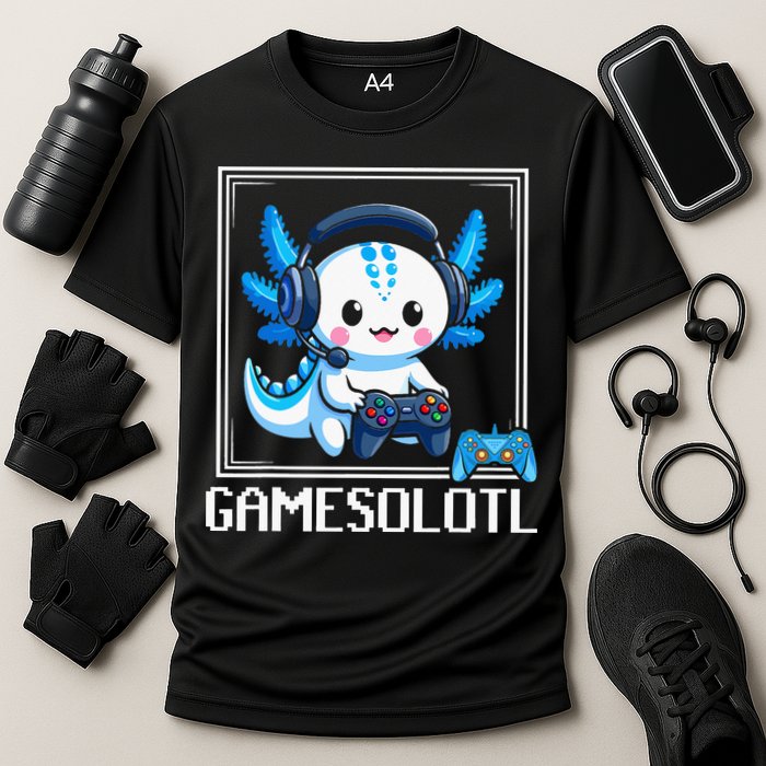 Gamesolotl Blue Axolotl Gaming Video Game Cooling Performance Crew T-Shirt