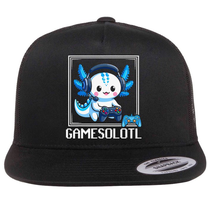 Gamesolotl Blue Axolotl Gaming Video Game Flat Bill Trucker Hat