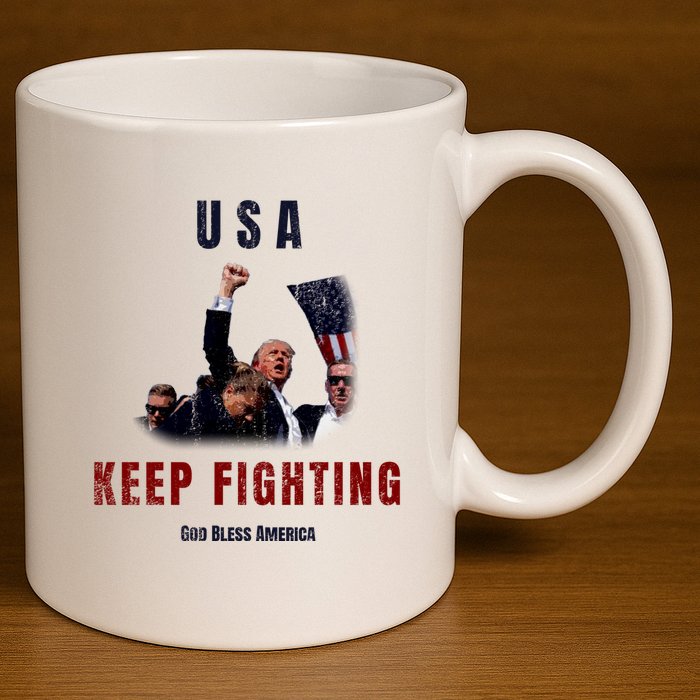 God Bless America “Keep Fighting” 11oz C Handle Ceramic Mug