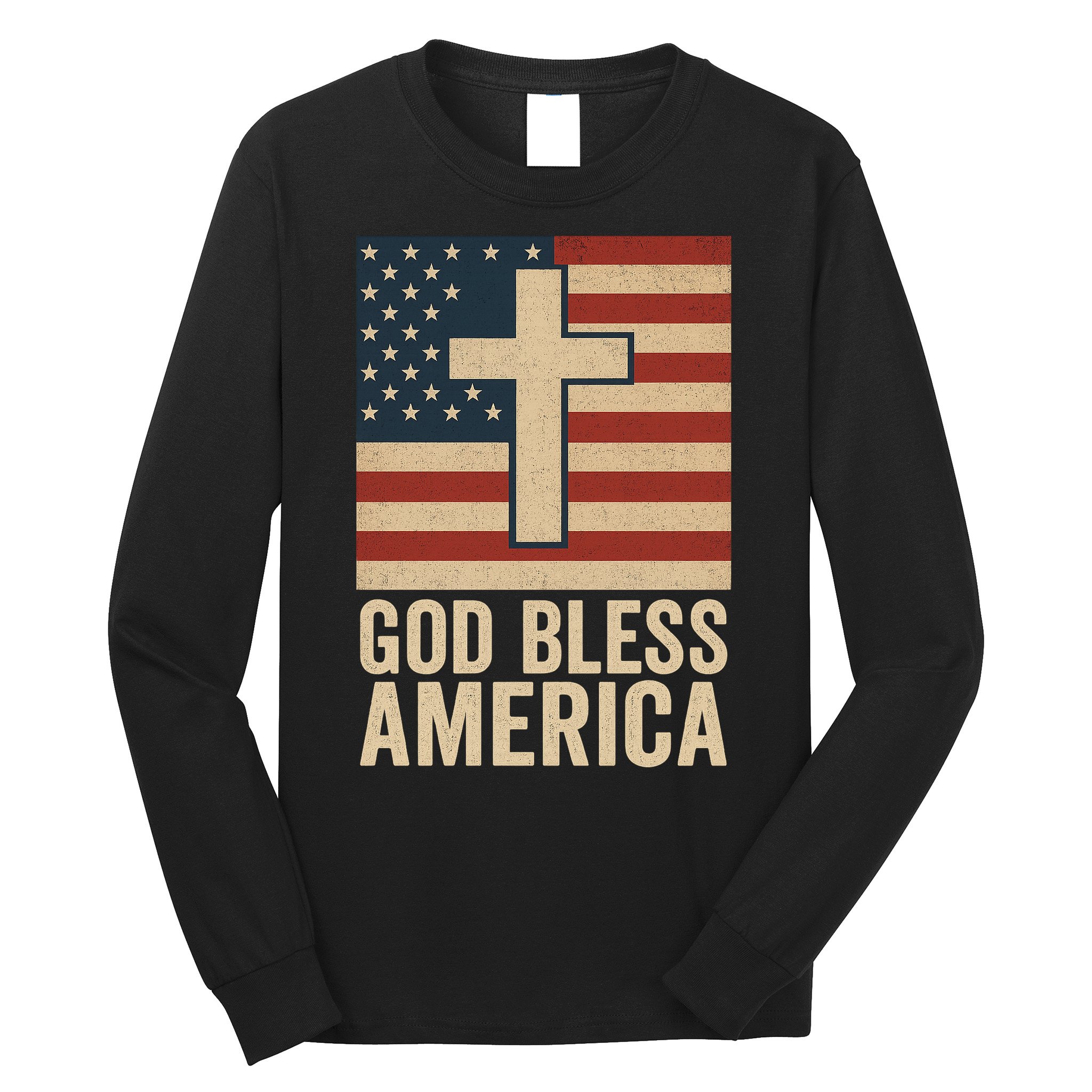 God Bless America Vintage Cross American Flag Long Sleeve Shirt