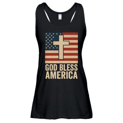 God Bless America Vintage Cross American Flag Ladies Essential Flowy Tank