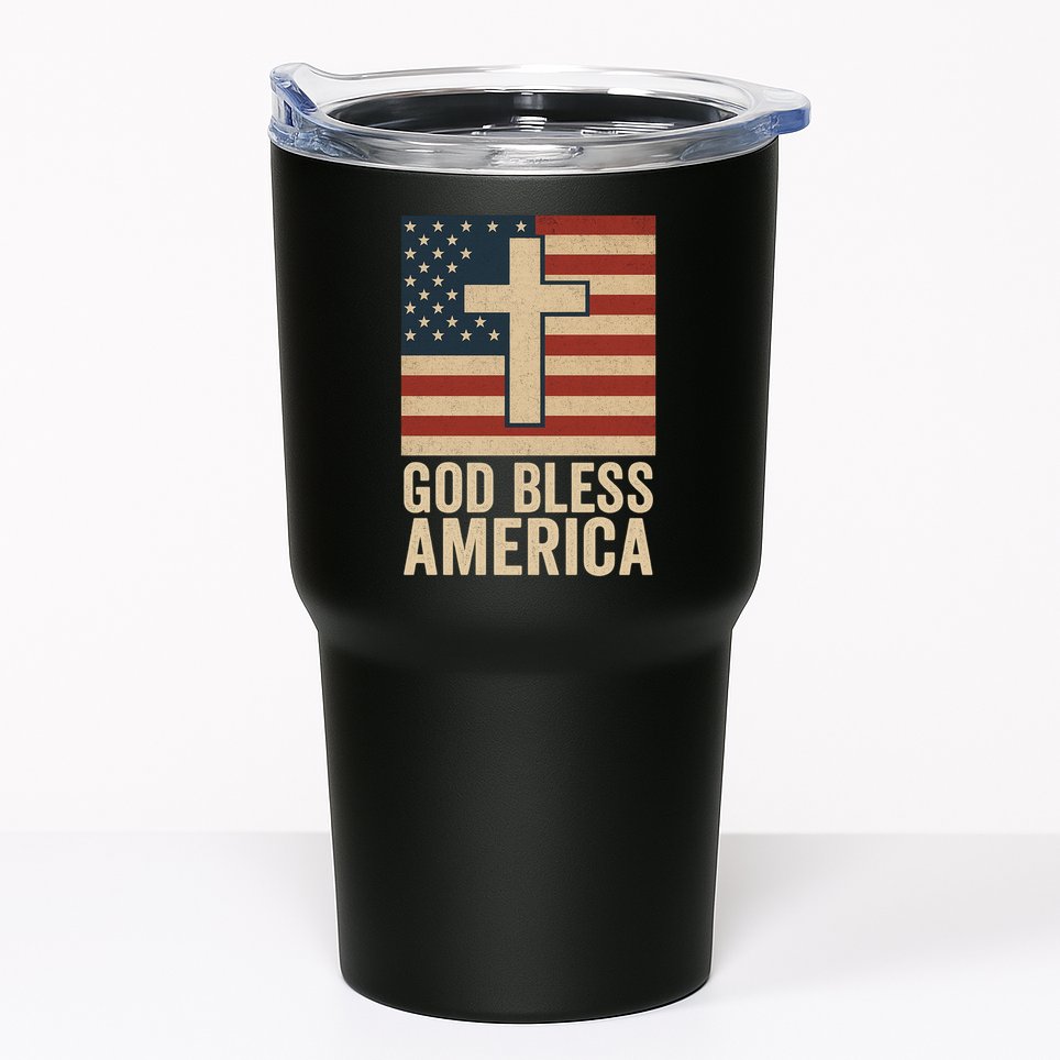 God Bless America Vintage Cross American Flag Tumbler
