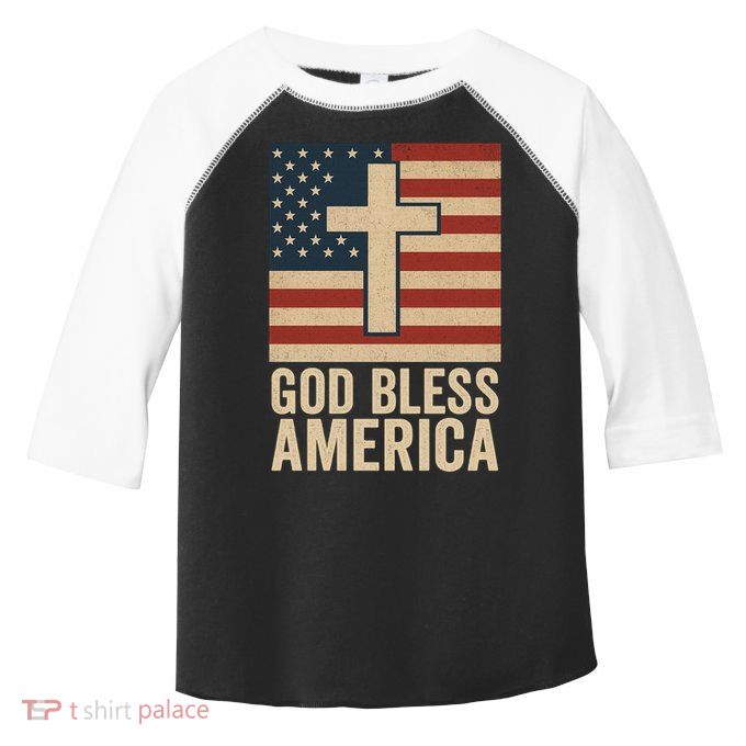 God Bless America Vintage Cross American Flag Toddler Fine Jersey T-Shirt