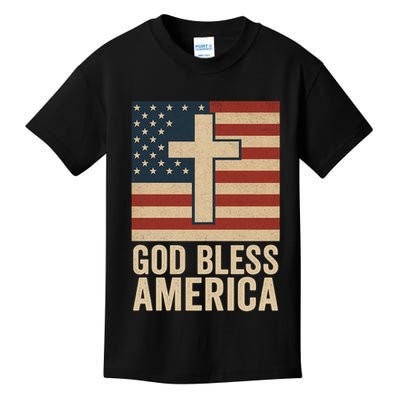 God Bless America Vintage Cross American Flag Kids T-Shirt