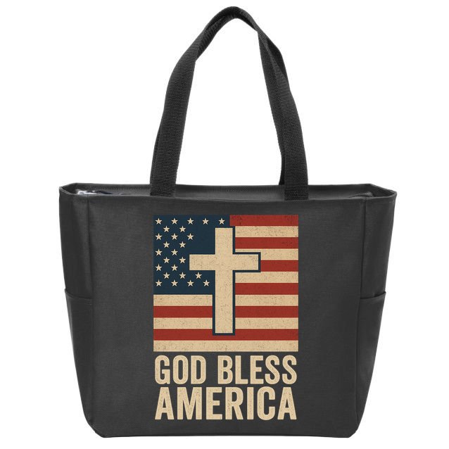 God Bless America Vintage Cross American Flag Zip Tote Bag