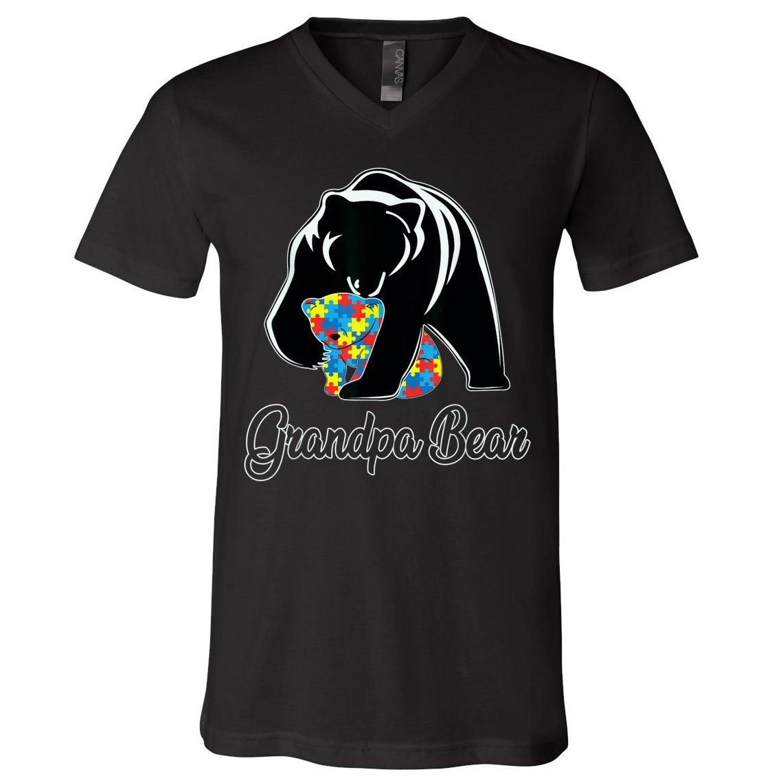 Grandpa Bear Autism Awareness Autism Dad Grandpa Papa V-Neck T-Shirt