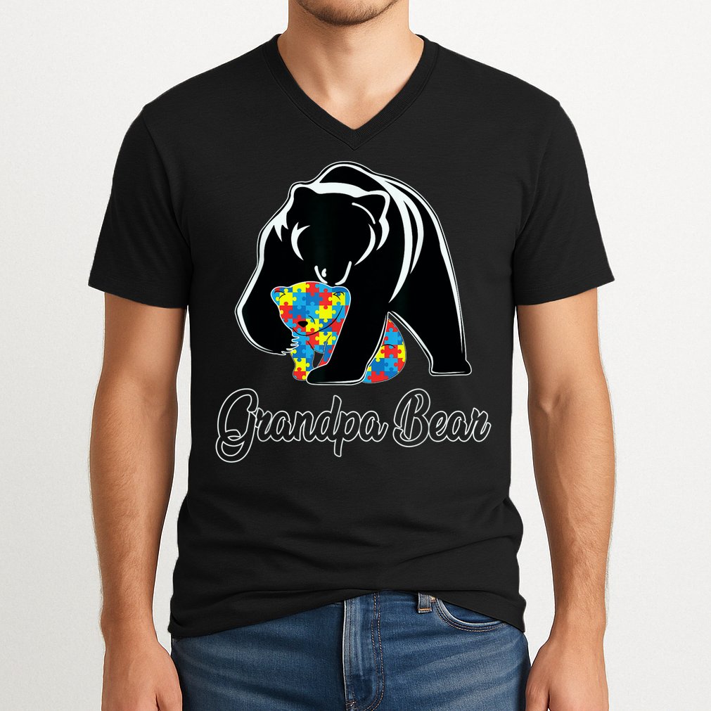 Grandpa Bear Autism Awareness Autism Dad Grandpa Papa V-Neck T-Shirt
