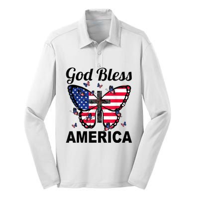 God Bless America Butterfly 4th Of July Jesus Christian Silk Touch Performance Long Sleeve Polo