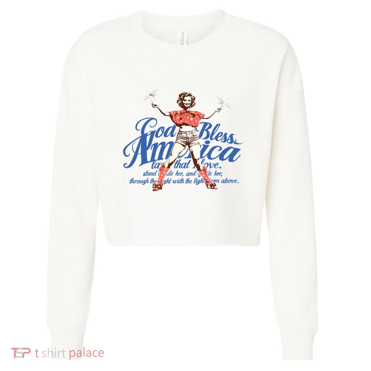 God Bless America Vintage 4th Of July Pinup Coquette Bow Cropped Pullover Crew