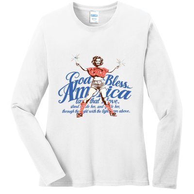 God Bless America Vintage 4th Of July Pinup Coquette Bow Ladies Long Sleeve Shirt