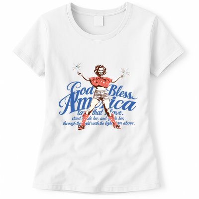 God Bless America Vintage 4th Of July Pinup Coquette Bow Womens T-Shirt