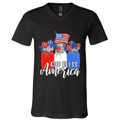 God Bless America Mason Jar Christian V-Neck T-Shirt