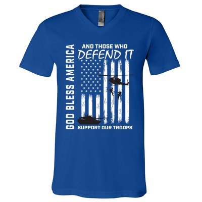 God Bless America Support Our Troops Veterans American Flag Gift V-Neck T-Shirt