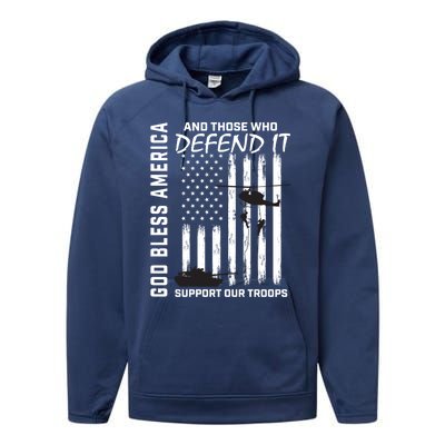 God Bless America Support Our Troops Veterans American Flag Gift Performance Fleece Hoodie