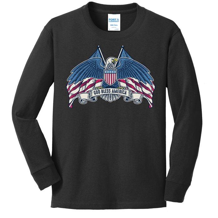 God Bless America Patriotic American Eagle USA Flag Kids Long Sleeve Shirt