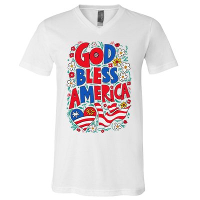 God Bless America Patriotic Usa Flag Christian 4th Of July V-Neck T-Shirt
