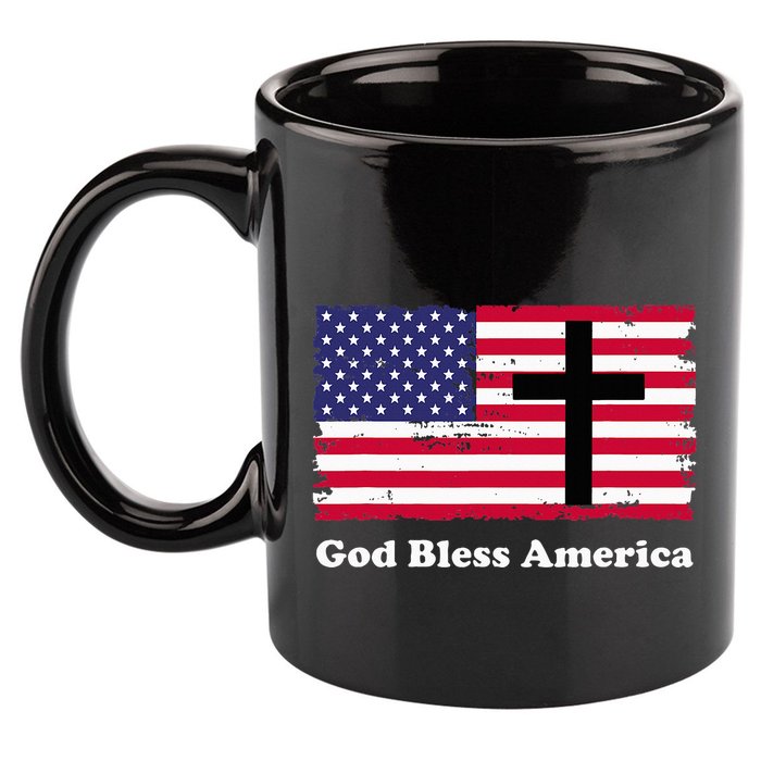 God Bless America Patriotic Flag With Cross 11oz C Handle Ceramic Mug