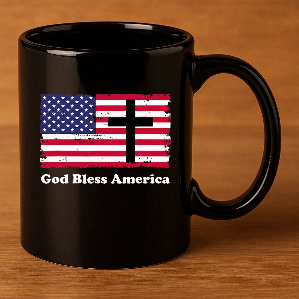 God Bless America Patriotic Flag With Cross 11oz C Handle Ceramic Mug