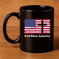 God Bless America Patriotic Flag With Cross 11oz C Handle Ceramic Mug