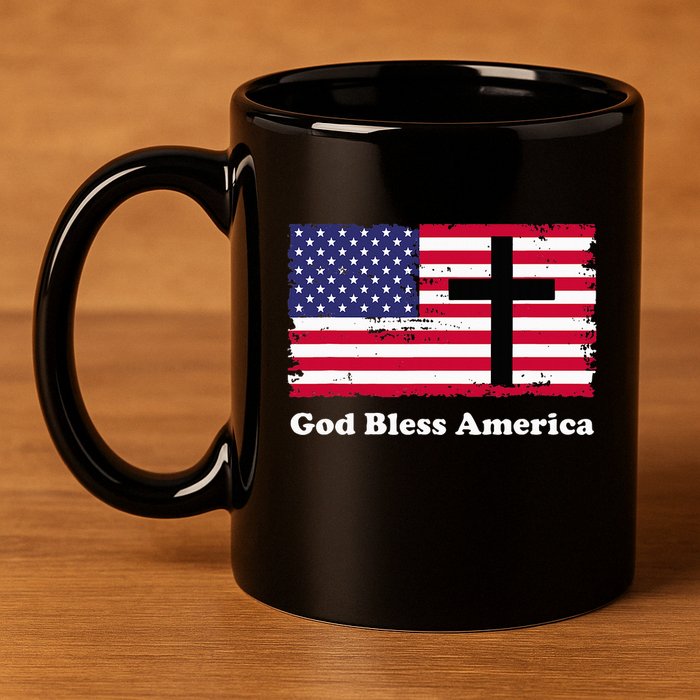 God Bless America Patriotic Flag With Cross 11oz C Handle Ceramic Mug