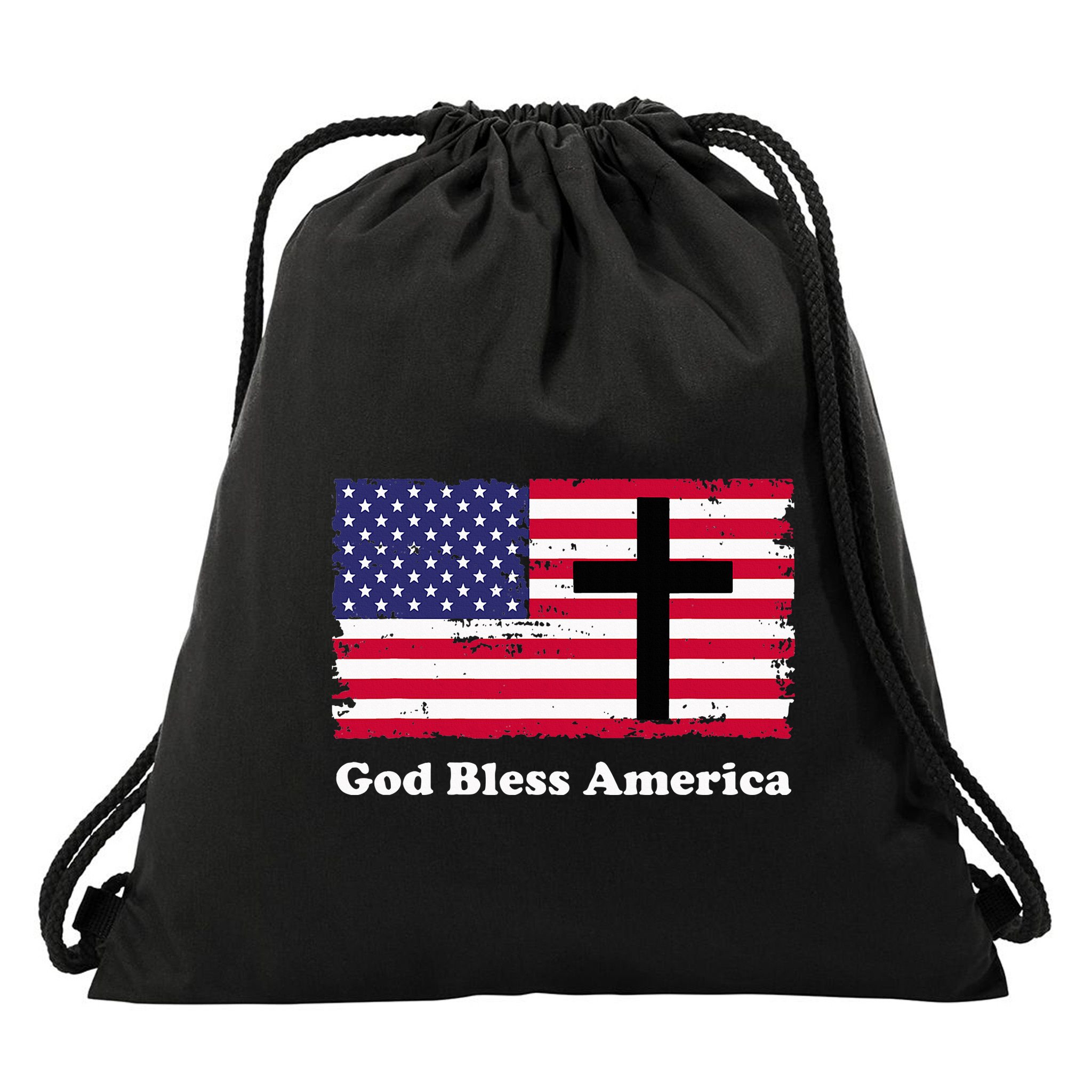 God Bless America Patriotic Flag With Cross Drawstring Bag