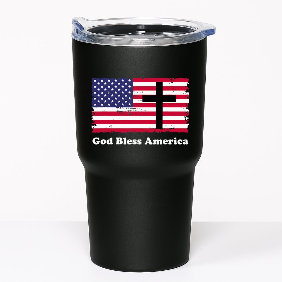 God Bless America Patriotic Flag With Cross Tumbler
