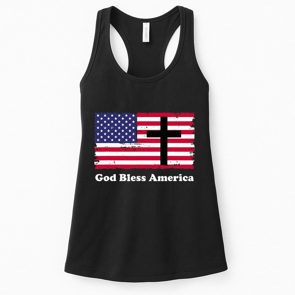 God Bless America Patriotic Flag With Cross Womens Tank Top
