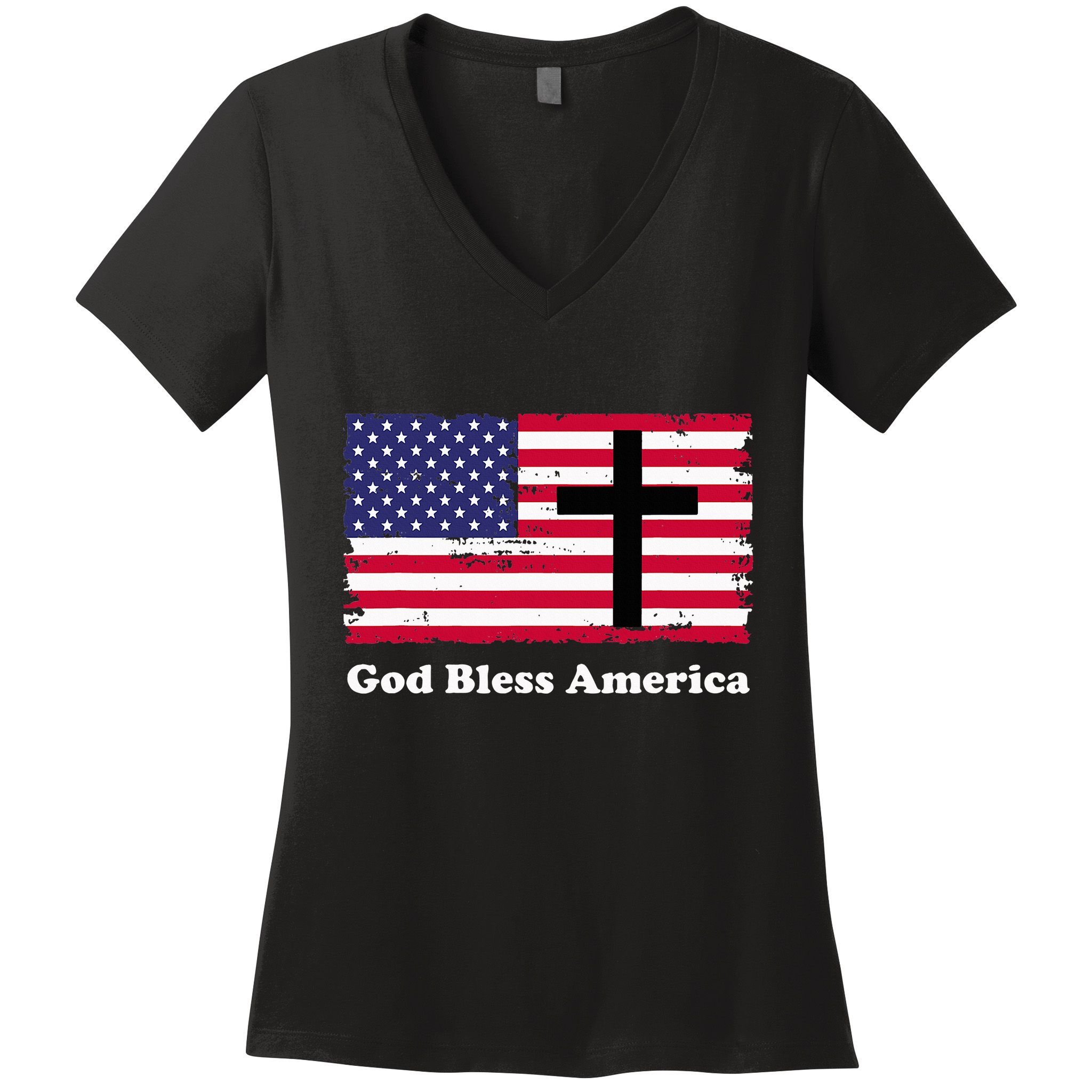 God Bless America Patriotic Flag With Cross Women's V-Neck T-Shirt