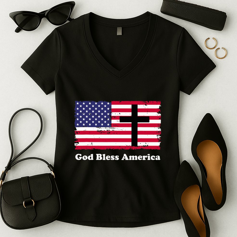 God Bless America Patriotic Flag With Cross Women's V-Neck T-Shirt
