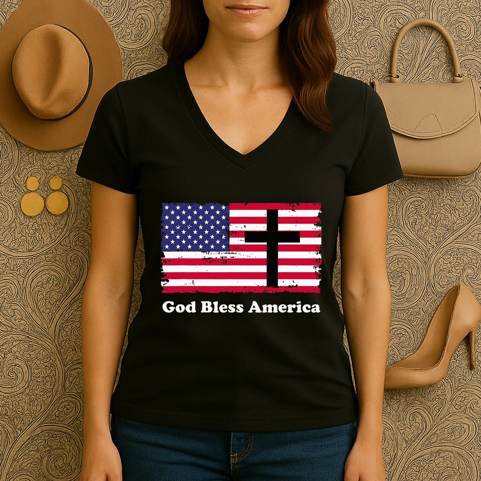 God Bless America Patriotic Flag With Cross Women's V-Neck T-Shirt