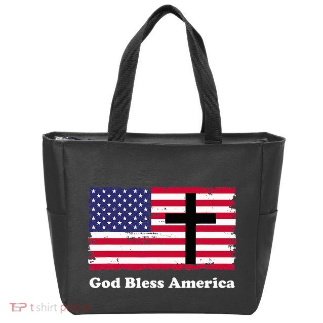 God Bless America Patriotic Flag With Cross Zip Tote Bag