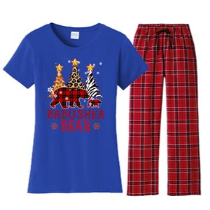 Grandma Babushka Bear Xmas Tree Pj Leopard Buffalo Plaid Gift Women's Flannel Pajama Set