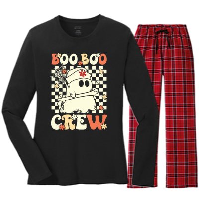 Groovy Boo Boo Crew Nurse Ghost Paramedic Emt Ems Halloween Women's Long Sleeve Flannel Pajama Set 