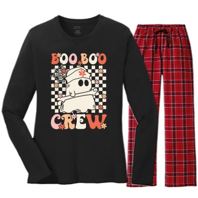 Groovy Boo Boo Crew Nurse Ghost Paramedic Emt Ems Halloween Women's Long Sleeve Flannel Pajama Set 