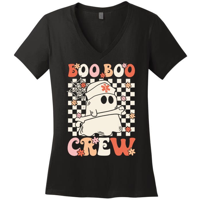 Groovy Boo Boo Crew Nurse Ghost Paramedic Emt Ems Halloween Women's V-Neck T-Shirt