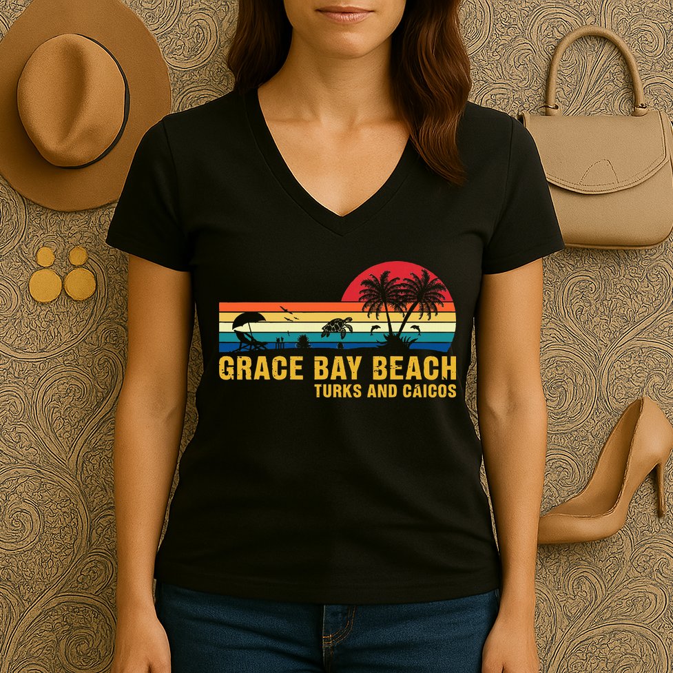 Grace Bay Beach Turks & Caicos Sea Turtle Women's V-Neck T-Shirt