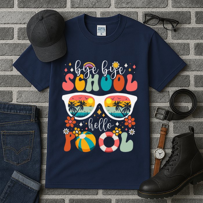Groovy Bye Bye School Hello Pool Last Day Of School Summer Tall T-Shirt